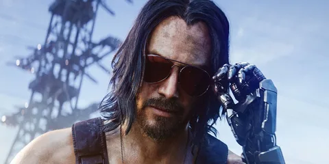 Personnage de jeu vidéo avec lunettes de soleil et bras cybernétique, fond urbain.
