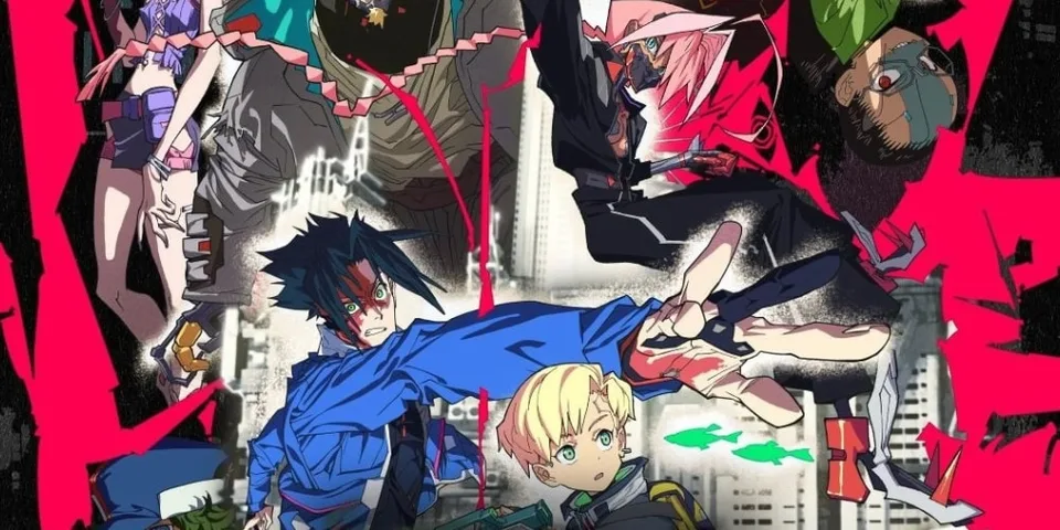 Illustration manga dynamique de personnages aux cheveux colorés dans une ville.