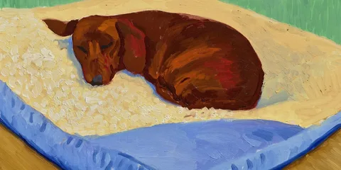 Peinture d'un chien brun dormant sur un coussin bleu et beige.