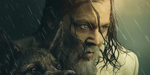 Homme barbu sous la pluie avec un chien, air intense et déterminé.