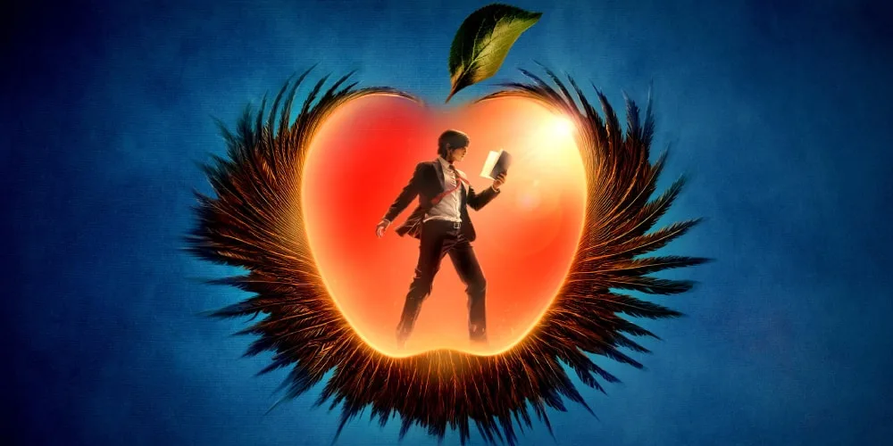 Homme avec livre dans une pomme lumineuse sur fond bleu.
