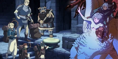 Personnages d'anime dans une scène souterraine avec une créature ailée.