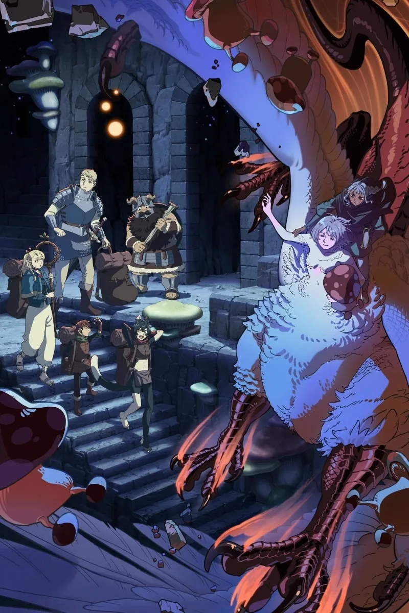 Groupe de personnes et créature fantastique dans un univers souterrain et magique.