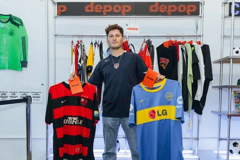 Homme tenant deux maillots de football rouge et bleu dans une boutique.