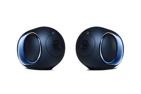 Deux enceintes sphériques noires avec haut-parleurs circulaires et anneaux bleus
