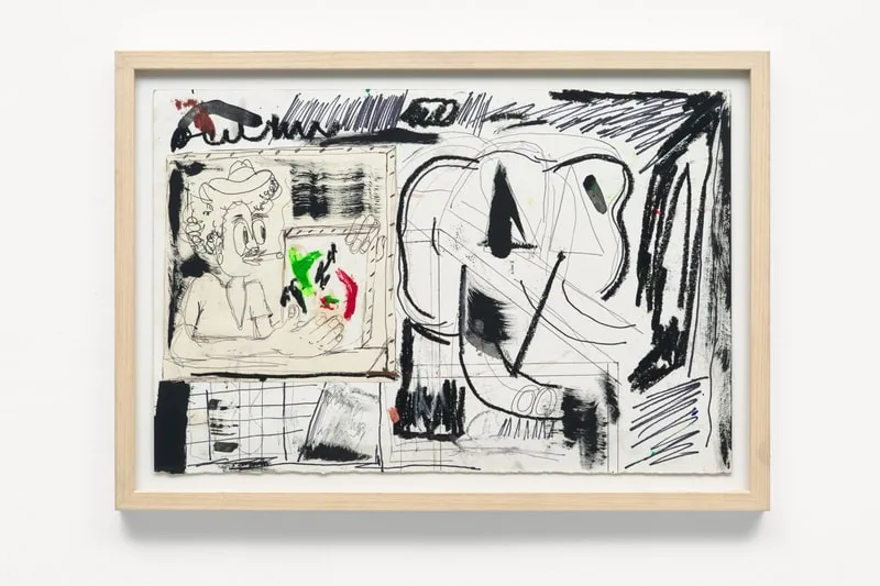 Dessin abstrait avec personnage et formes géométriques dans un cadre en bois.