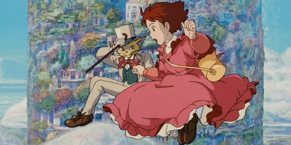 Un chat en smoking et une fille en robe rose flottent dans les airs.