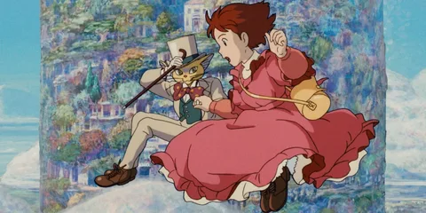 Un chat en smoking et une fille en robe rose flottent dans les airs.