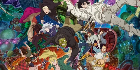 Personnages animés tombant dans un univers fantastique et coloré.