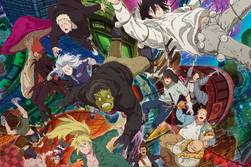 Personnages animés tombant dans un monde coloré et fantastique.