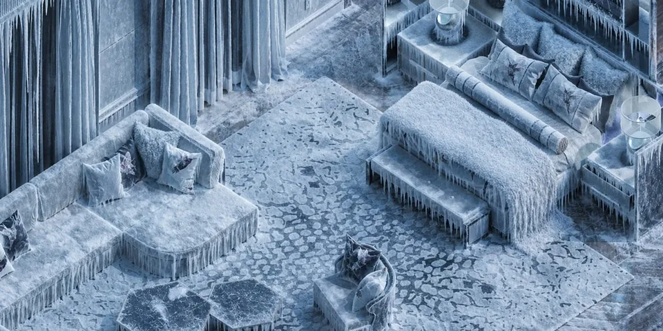 Chambre couverte de glace avec meubles, tapis et rideaux givrés.