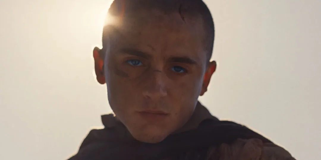 Homme avec cheveux rasés et regard intense, soleil en arrière-plan