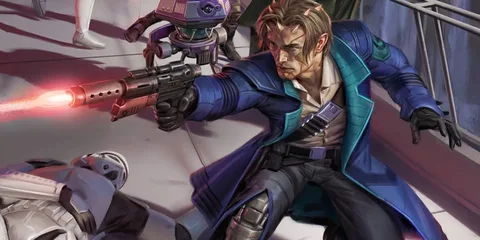 Homme en manteau bleu tirant avec un pistolet laser, robot et soldat au sol.
