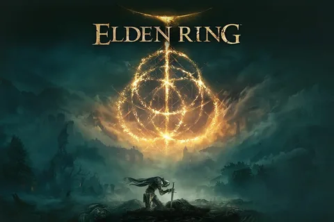 Image d'un guerrier devant un cercle enflammé Elden Ring dans un paysage sombre.