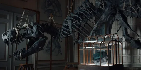 Squelette de dinosaure et météorite dans une salle d'exposition