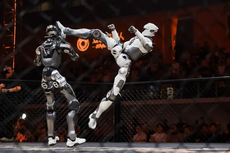 Deux robots humanoïdes se battent dans une cage.