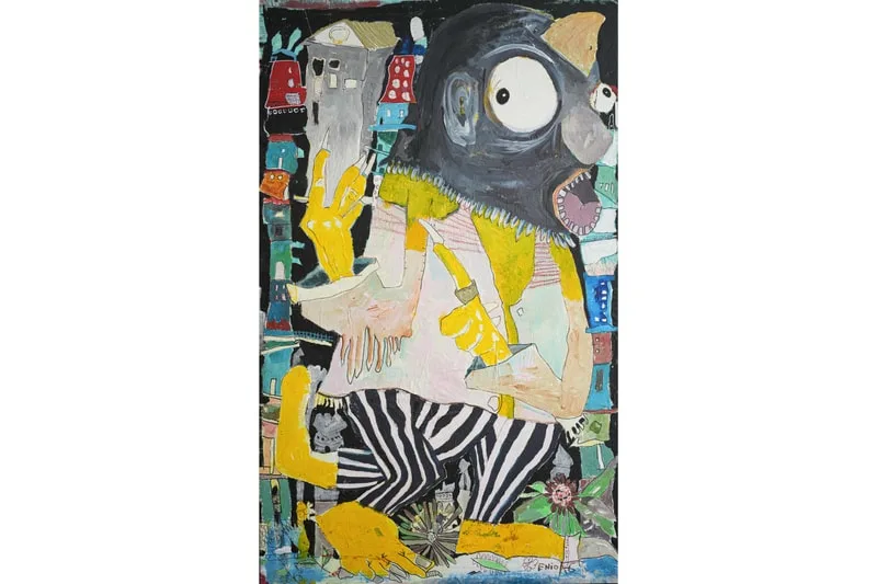 Peinture abstraite colorée avec personnage étrange et éléments texturés.