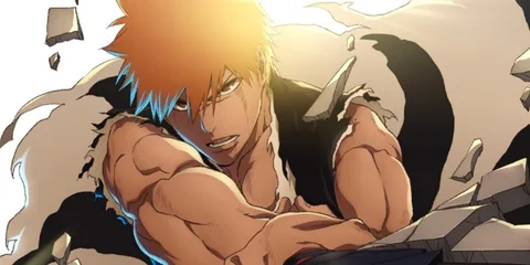 Personnage animé musclé avec cheveux orange et éclats de pierre autour.