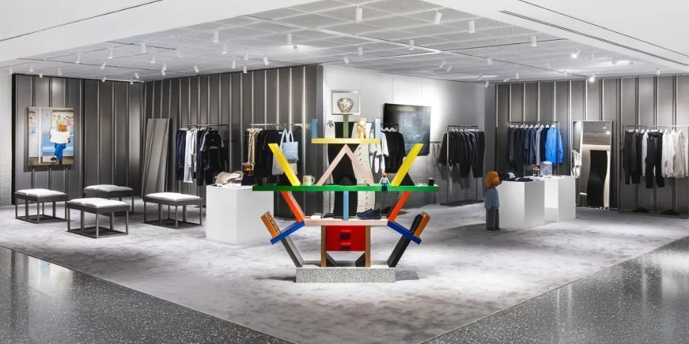 Boutique moderne avec présentoirs colorés et vêtements.