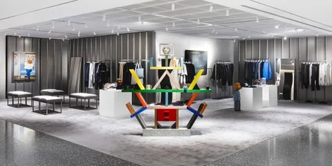Boutique moderne avec présentoirs colorés et vêtements.
