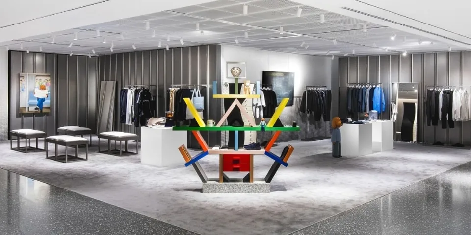 Boutique moderne avec présentoirs colorés et vêtements.