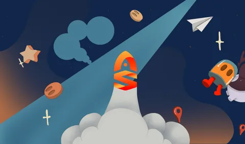 Illustration de fusée, étoiles, avion papier et personnage en apesanteur dans l'espace.