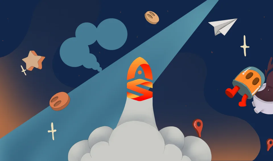 Illustration de fusée, étoiles, avion papier et personnage en apesanteur dans l'espace.
