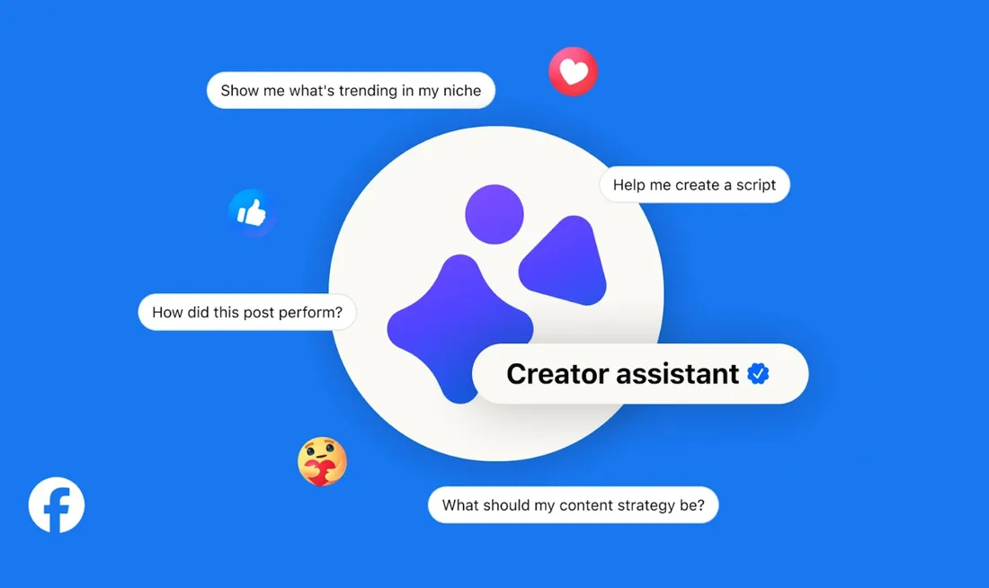 Image avec des icônes et texte sur l'assistant créateur sur fond bleu.