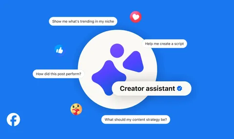 Image avec des icônes et texte sur l'assistant créateur sur fond bleu.