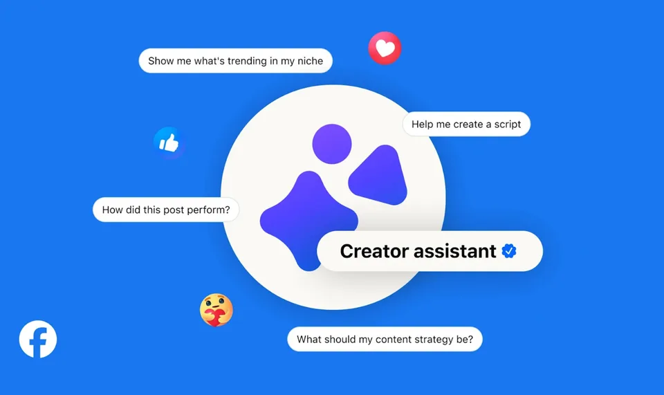 Image avec des icônes et texte sur l'assistant créateur sur fond bleu.