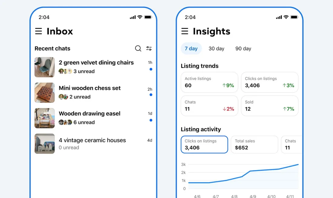 Deux écrans d'application montrant boîte de réception et analyses de ventes.
