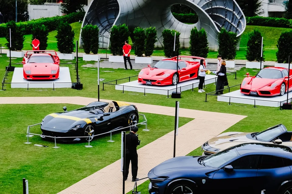 Exposition de voitures de sport rouges et noires sur une pelouse verte.