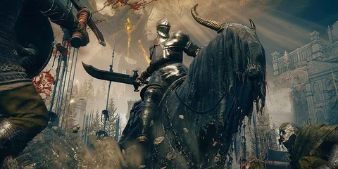Un chevalier en armure affronte un guerrier dans une cité médiévale en ruines.
