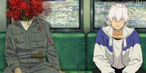 Personnage avec tête de fleurs rouges à côté d'un jeune aux cheveux blancs dans un train.