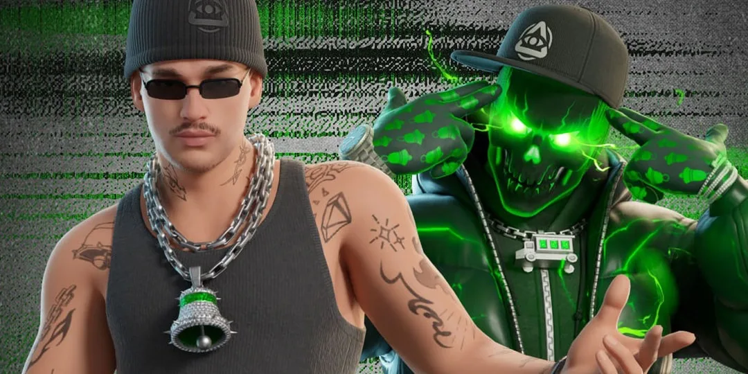 Deux personnages de jeu vidéo, l’un humain et l’autre lumineux en vert, posent ensemble.