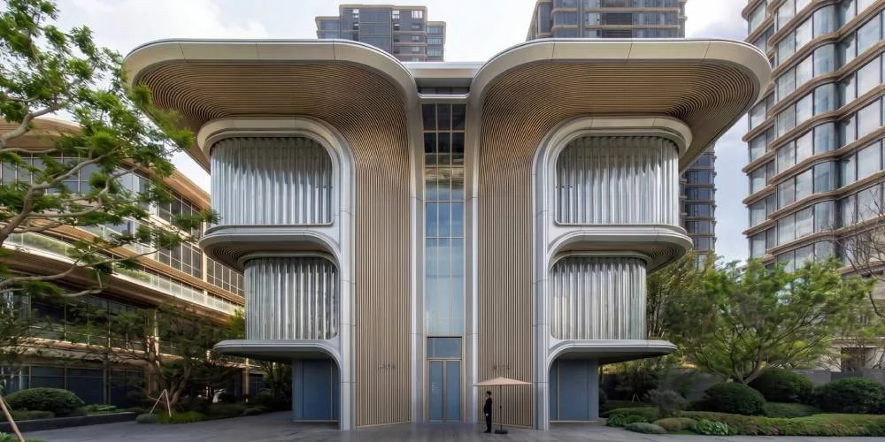 Bâtiment moderne avec façade futuriste et structures incurvées.