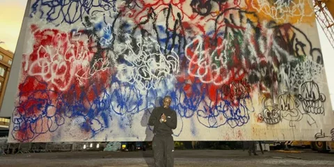 Homme devant une grande peinture abstraite avec des graffitis colorés.