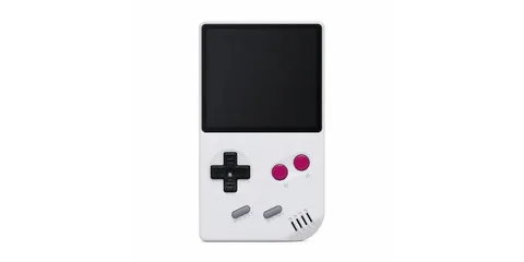 Console de jeu portable rétro avec écran et boutons rouges.