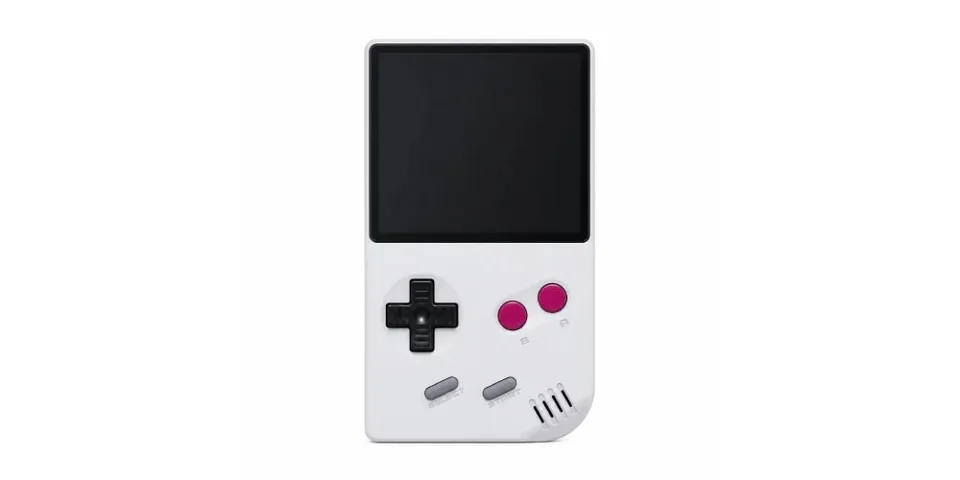 Console de jeu portable rétro avec écran et boutons rouges.