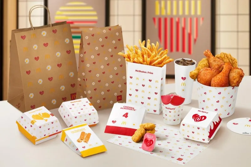 Ensemble de repas sur une table avec emballages et aliments variés.