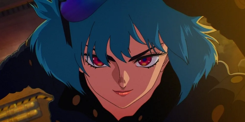 Personnage aux cheveux bleus et lunettes dans un style anime.