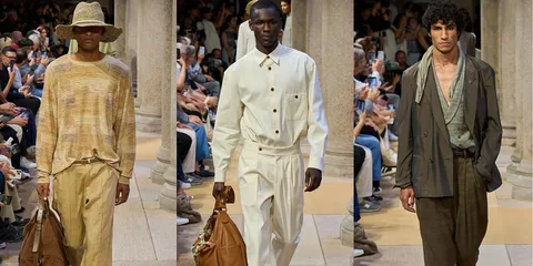 Défilé de mode masculin avec divers styles et accessoires.