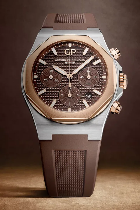 Montre chronographe avec cadran marron et bracelet assorti.