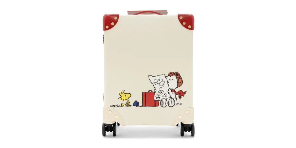 Valise blanche avec Snoopy, Woodstock et carte.