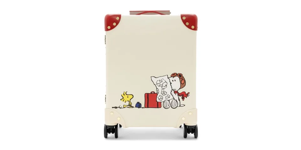 Valise blanche avec Snoopy, Woodstock et carte.