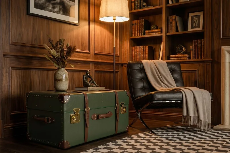 Coin lecture confortable dans un bureau en bois sombre.