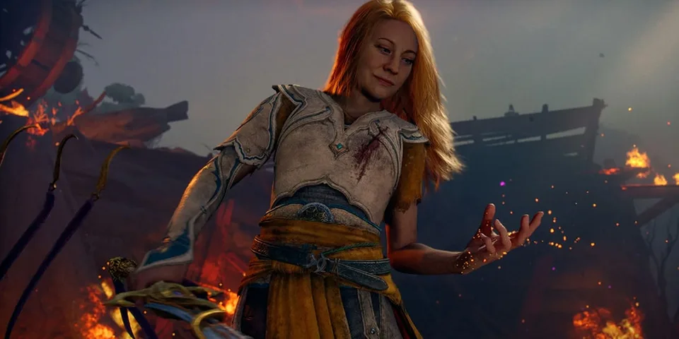 Personnage de jeu vidéo dans une scène enflammée avec armure.