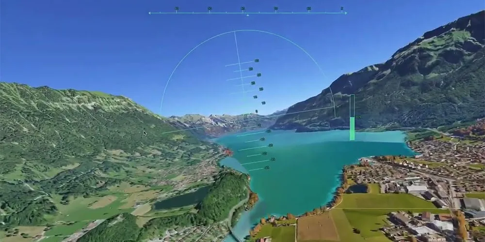 Simulation aérienne d'un paysage montagneux avec un lac