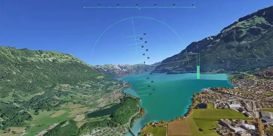 Simulation aérienne d'un paysage montagneux avec un lac