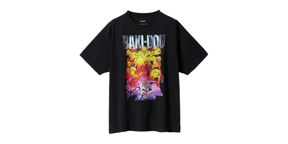 T-shirt noir avec design Baki-Dou coloré en jaune et violet.